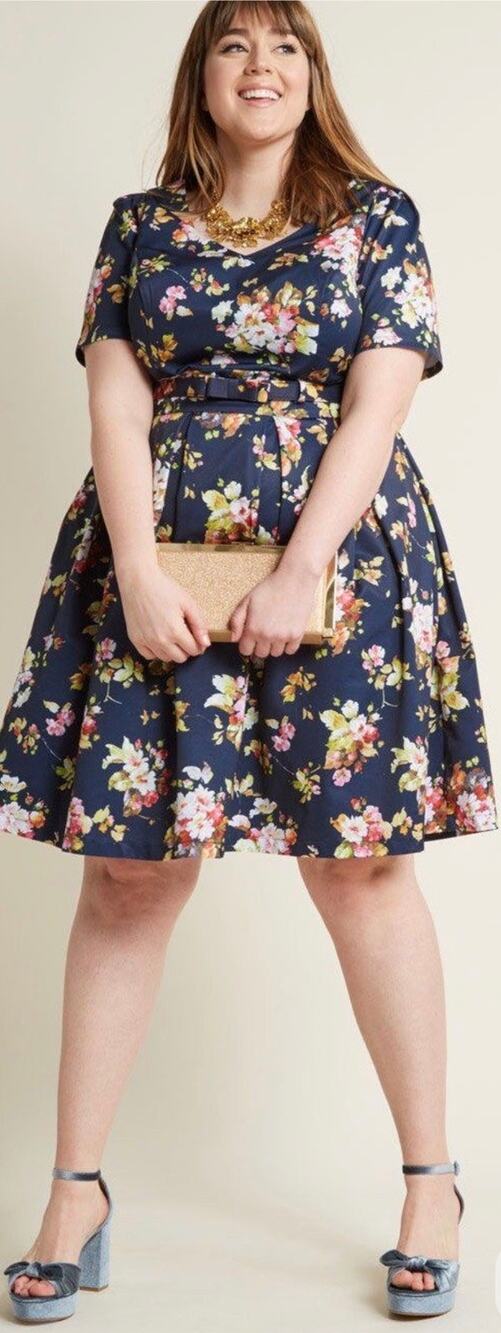 ModCloth Navy Floral Elegant Fit & Flare Dress Elegant Vintage Inspired Sz 4X